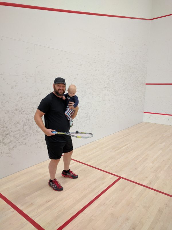 Start ‘em on squash early!! John Shalapay and his son Nate, warming up on court 3…